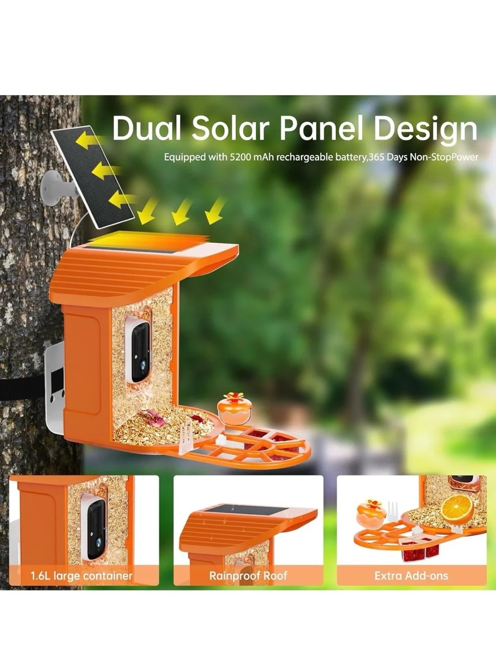 Saimand Brand New Orange Smart Bird Feeder with Camera and Solar Panel